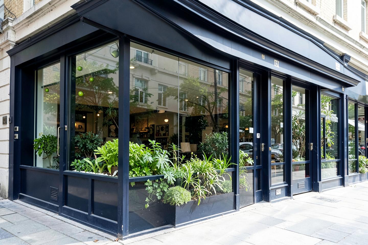 Immaculate storefront windows with deep blue frames